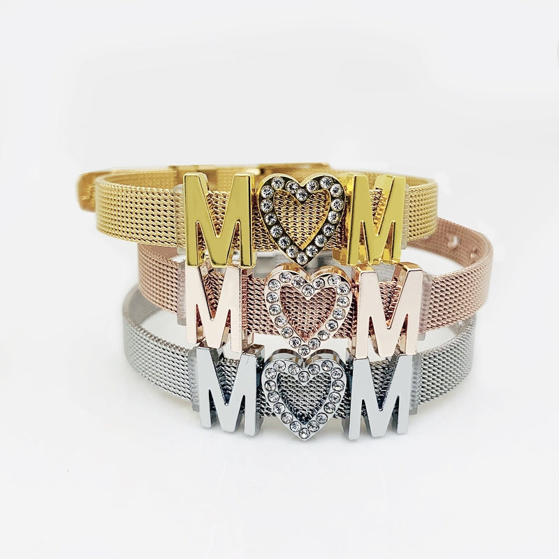 Mama Stainless Steel Rhinestone Inlay Mesh Bracelet - Multicolor Titanium Watch Band Mother's Day Gift