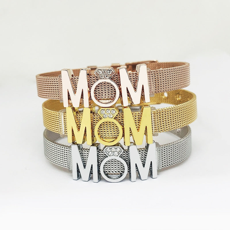 Mama Letter Stainless Steel Rhinestone Inlay Bracelet - Mother's Day Gift