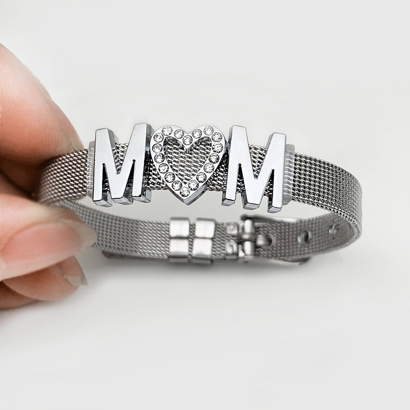 Mama Stainless Steel Rhinestone Inlay Mesh Bracelet - Multicolor Titanium Watch Band Mother's Day Gift