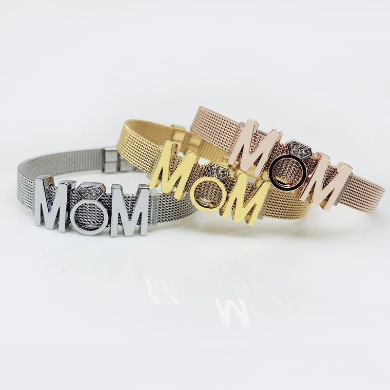 Mama Letter Stainless Steel Rhinestone Inlay Bracelet - Mother's Day Gift