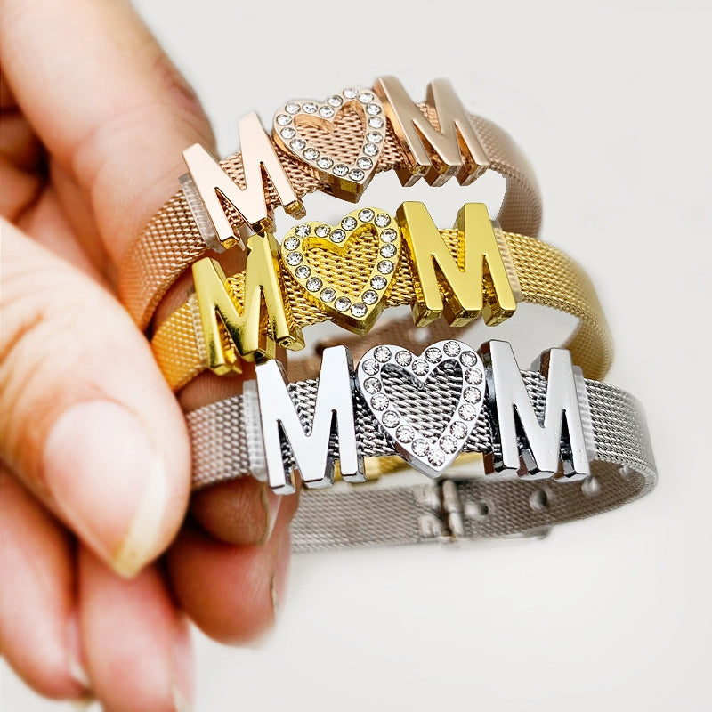 Mama Stainless Steel Rhinestone Inlay Mesh Bracelet - Multicolor Titanium Watch Band Mother's Day Gift