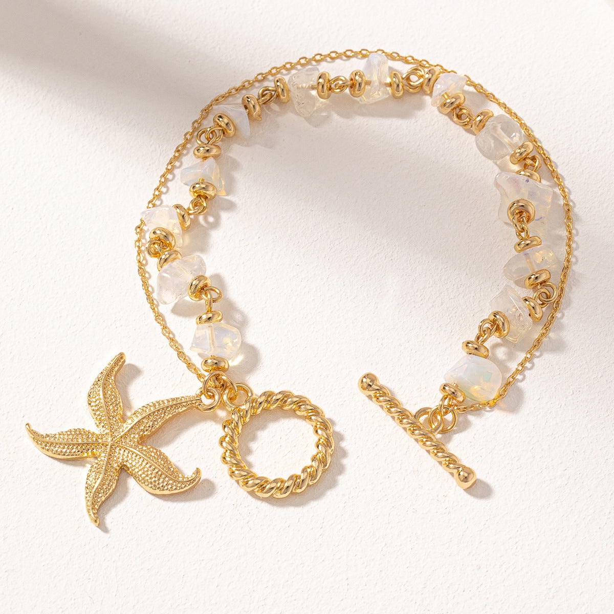 Marine Style Starfish Alloy Bracelet with Natural Stone Flakes and O-Shaped Buckle Chain for Women