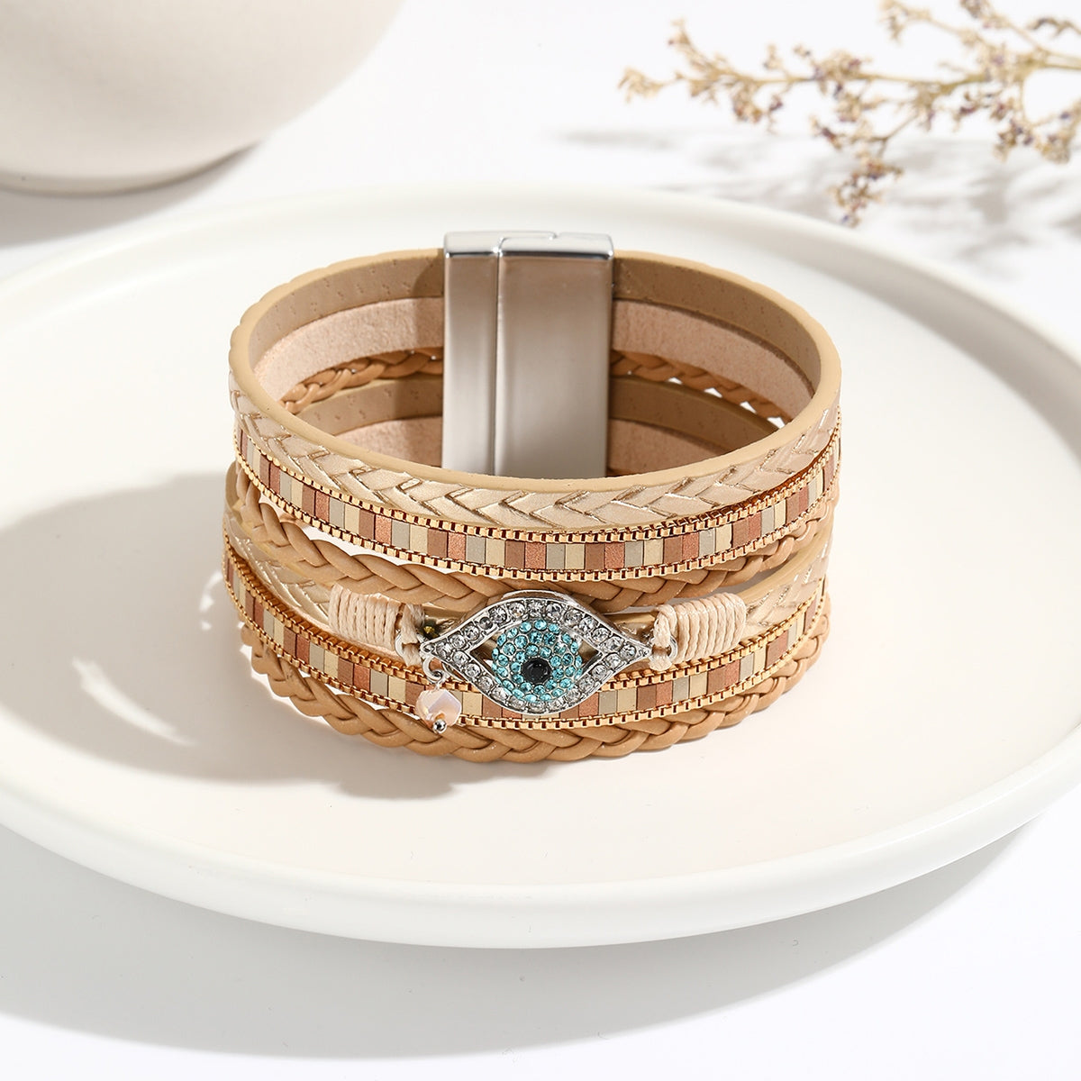 Modern Ethnic Devil's Eye PU Leather Rhinestone Bangle Bracelet