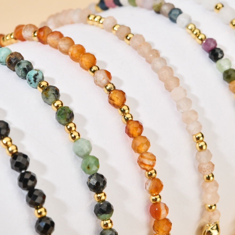 Modern Geometric Natural Stone Beaded Bracelet with Stainless Steel and Crystal Accents