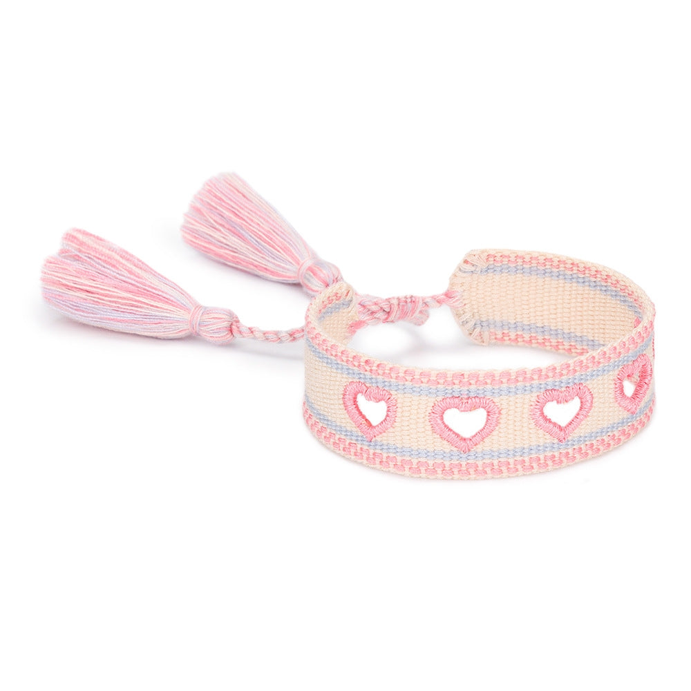 Modern Heart-Shaped Braided Polyester Bracelets with Adjustable Tassel Straps