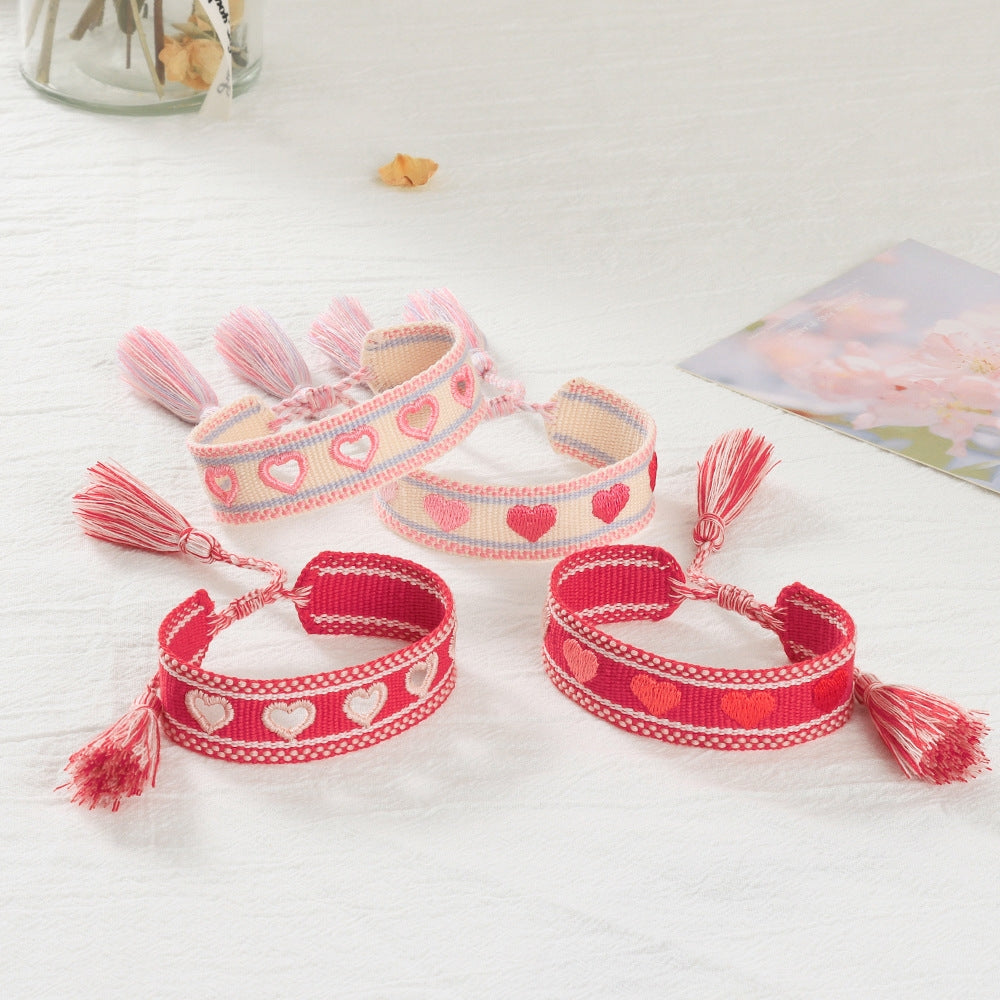 Modern Heart-Shaped Braided Polyester Bracelets with Adjustable Tassel Straps