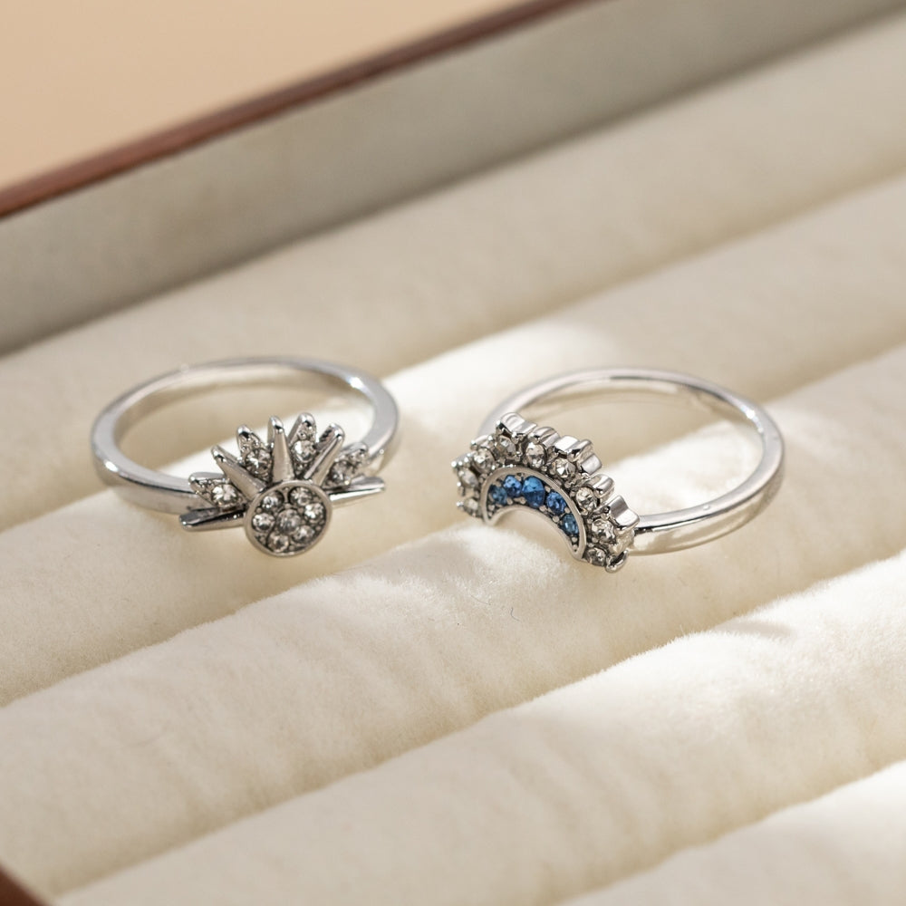 Modern Asymmetrical Sun Moon Rhinestone Couple Rings Set