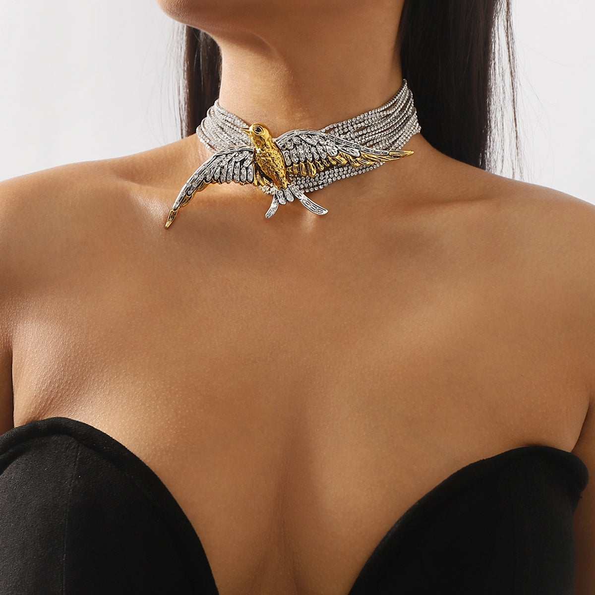 Modern Color Block Rhinestone Inlay Bird Layered Women's Choker Necklace