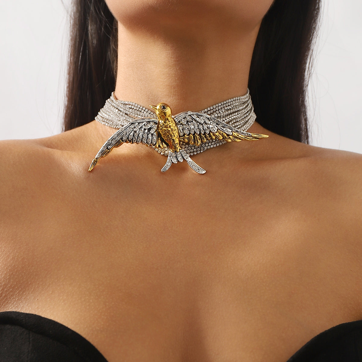 Modern Color Block Rhinestone Inlay Bird Layered Women's Choker Necklace