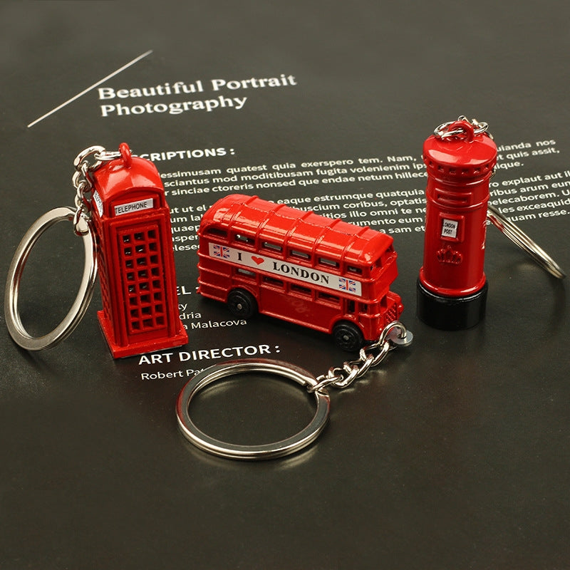 London Souvenir Red Bus & Phone Booth Keychain with Modern Color Block Design