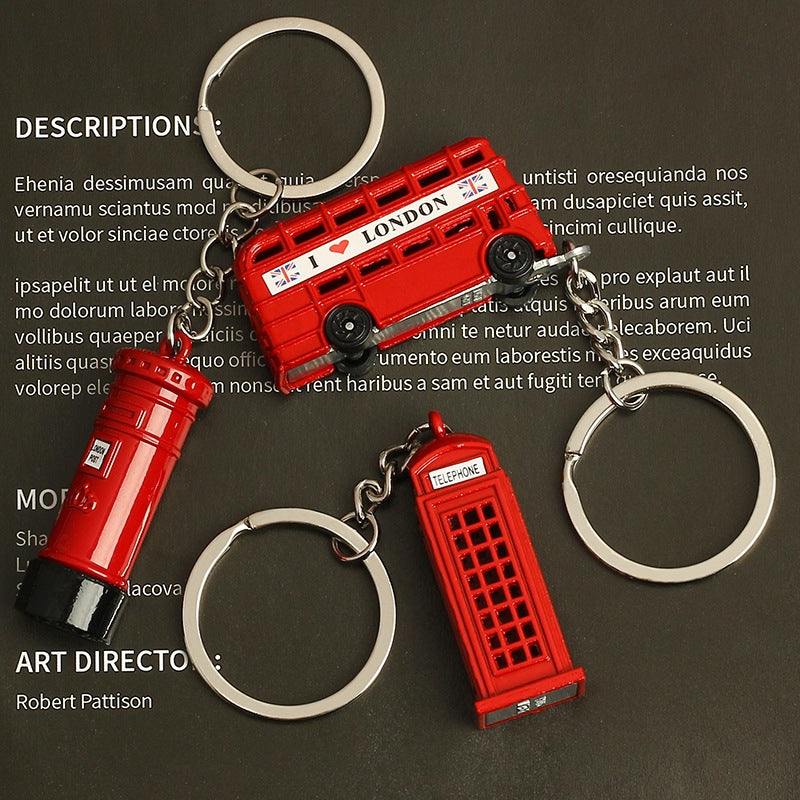 London Souvenir Red Bus & Phone Booth Keychain with Modern Color Block Design