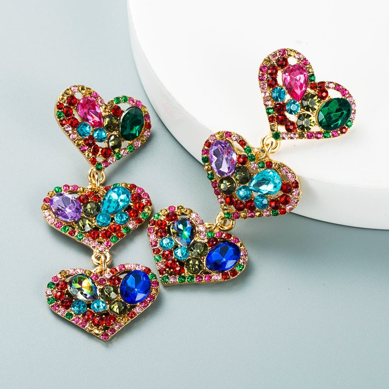 Multi-layer Heart-shaped Alloy Crystal Long Earrings