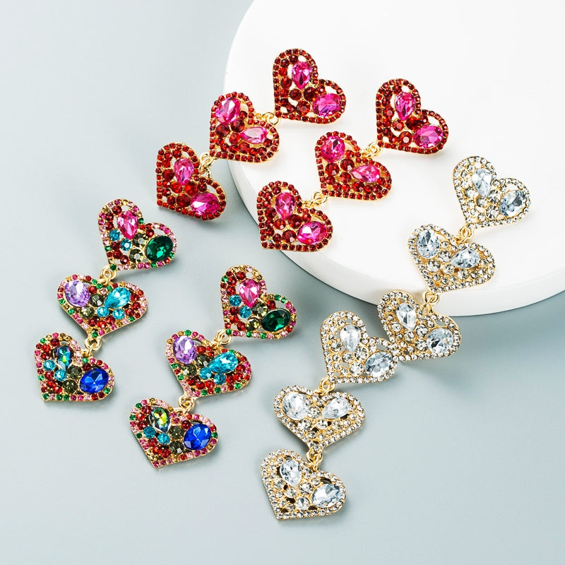 Multi-layer Heart-shaped Alloy Crystal Long Earrings