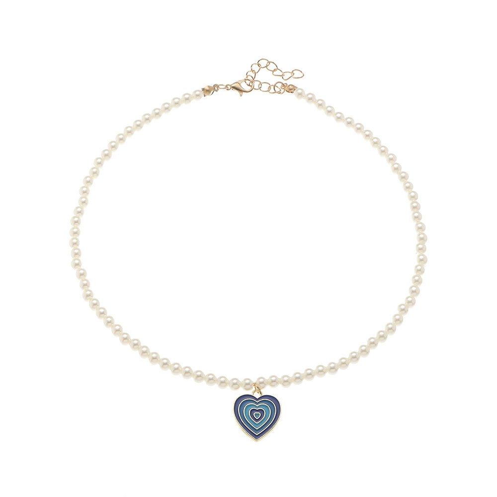 European American Style Pearl Necklace with Creative Retro Gradient Heart Design