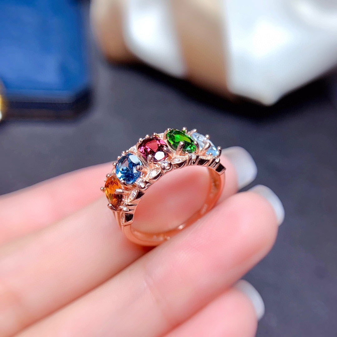 Natural Multi-Gemstone Crystal Adjustable Ring for Women