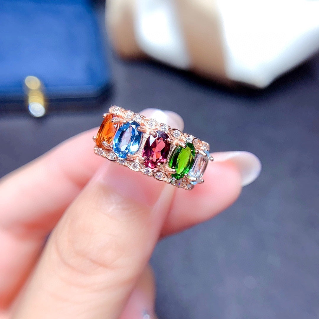 Natural Multi-Gemstone Crystal Adjustable Ring for Women