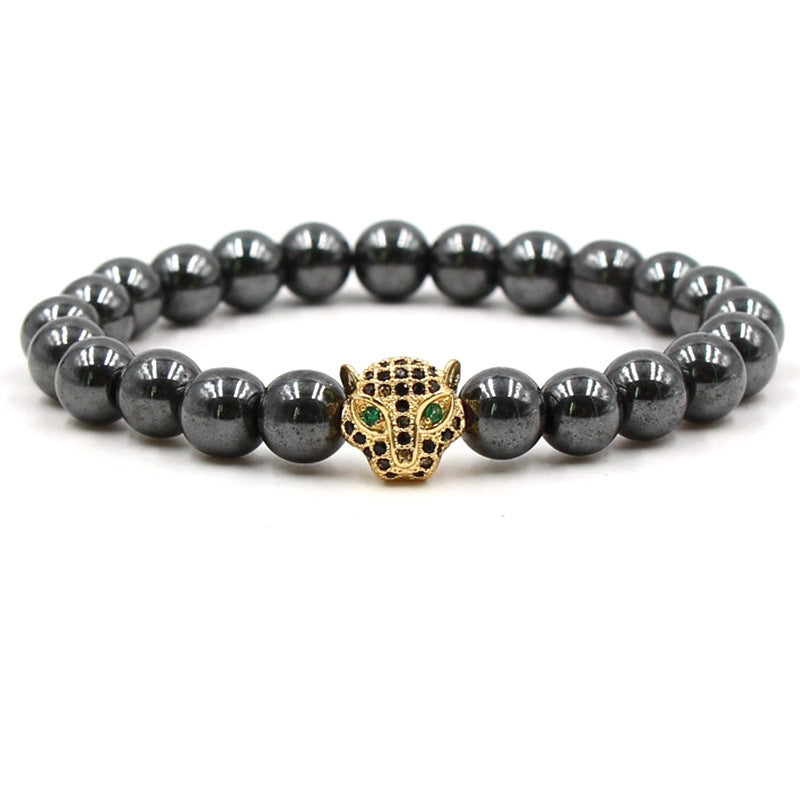 Natural Stone Alloy Panther Beaded Bracelet for Men