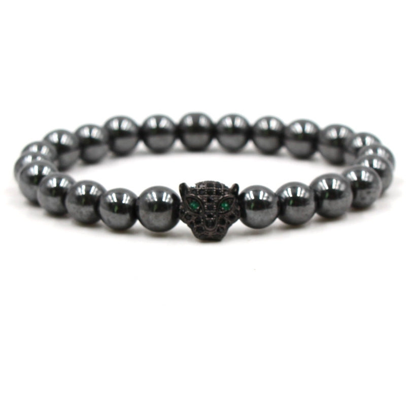 Natural Stone Alloy Panther Beaded Bracelet for Men