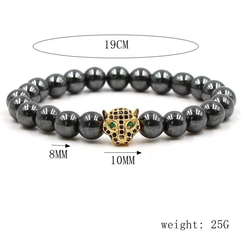 Natural Stone Alloy Panther Beaded Bracelet for Men