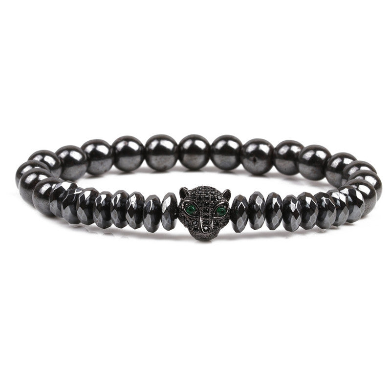 Natural Stone Alloy Panther Beaded Bracelet for Men