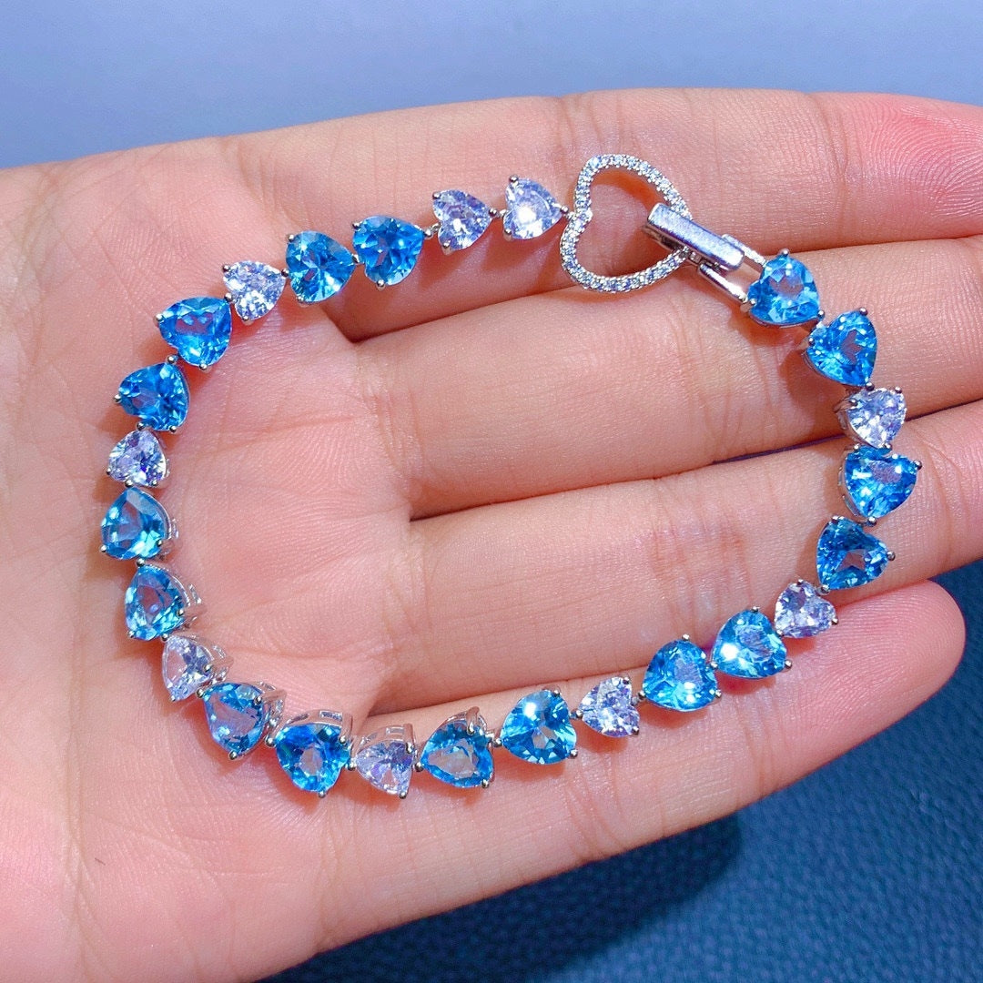 Blue Topaz Aquamarine Copper Bracelet with High Carbon Zircon Clasp