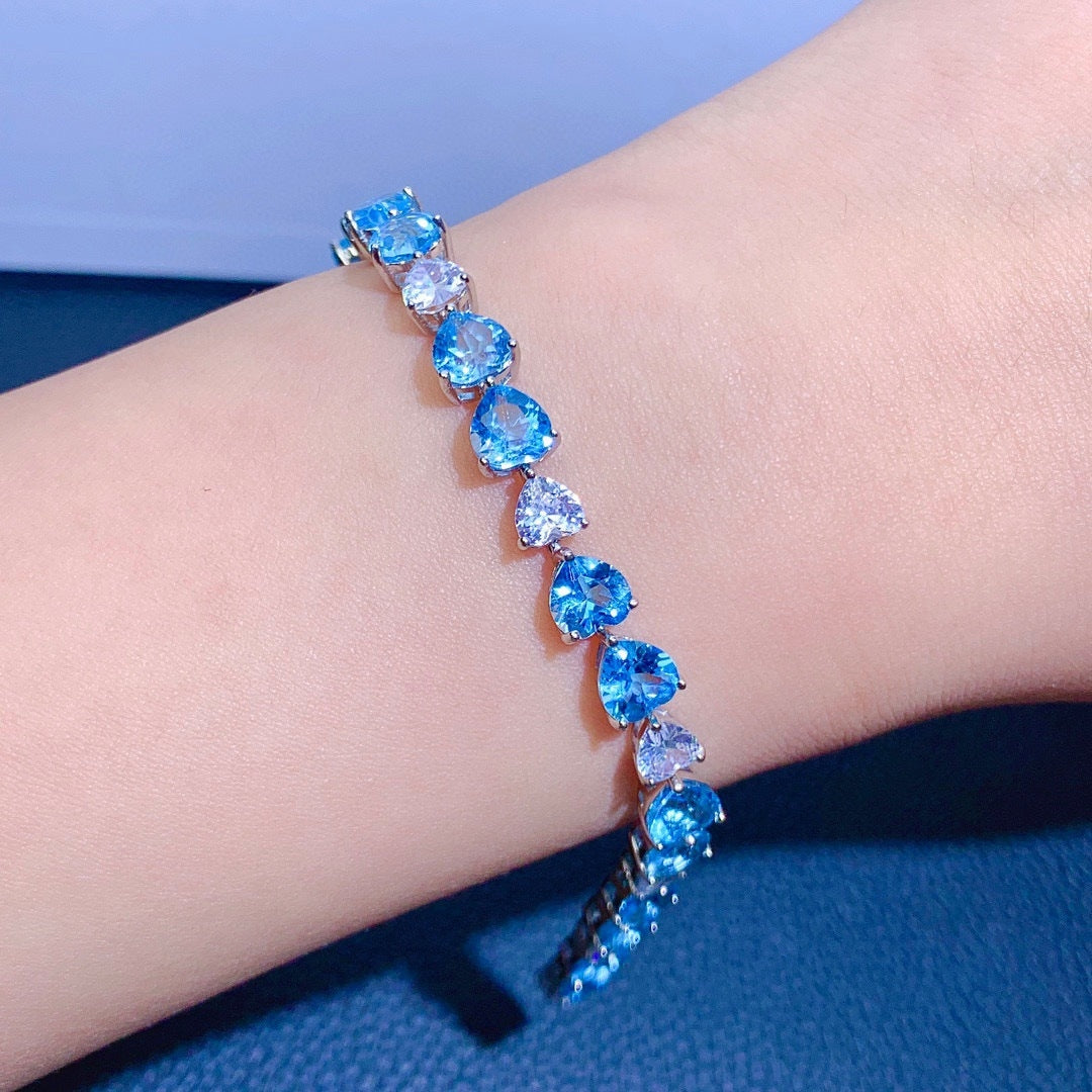 Blue Topaz Aquamarine Copper Bracelet with High Carbon Zircon Clasp