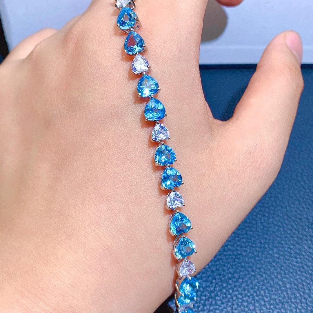 Blue Topaz Aquamarine Copper Bracelet with High Carbon Zircon Clasp