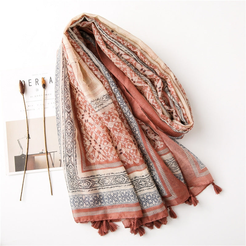 Bohemian Geometric Cotton Linen Sunscreen Shawl and Silk Scarf for Women