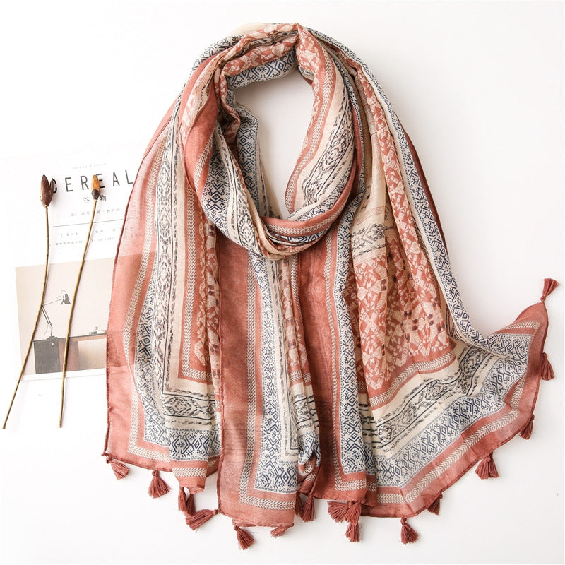 Bohemian Geometric Cotton Linen Sunscreen Shawl and Silk Scarf for Women