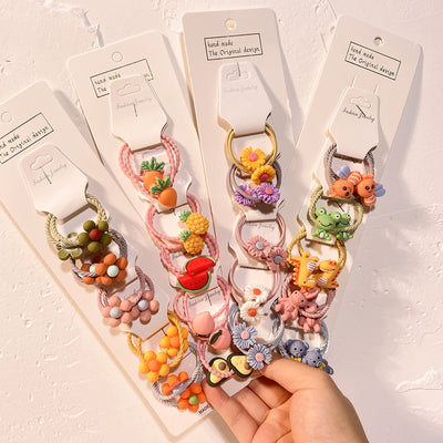 Cartoon Fruit Animal Kids Hair Tie Set - Korean Style Hair Scrunchies & Ponytail Accessories