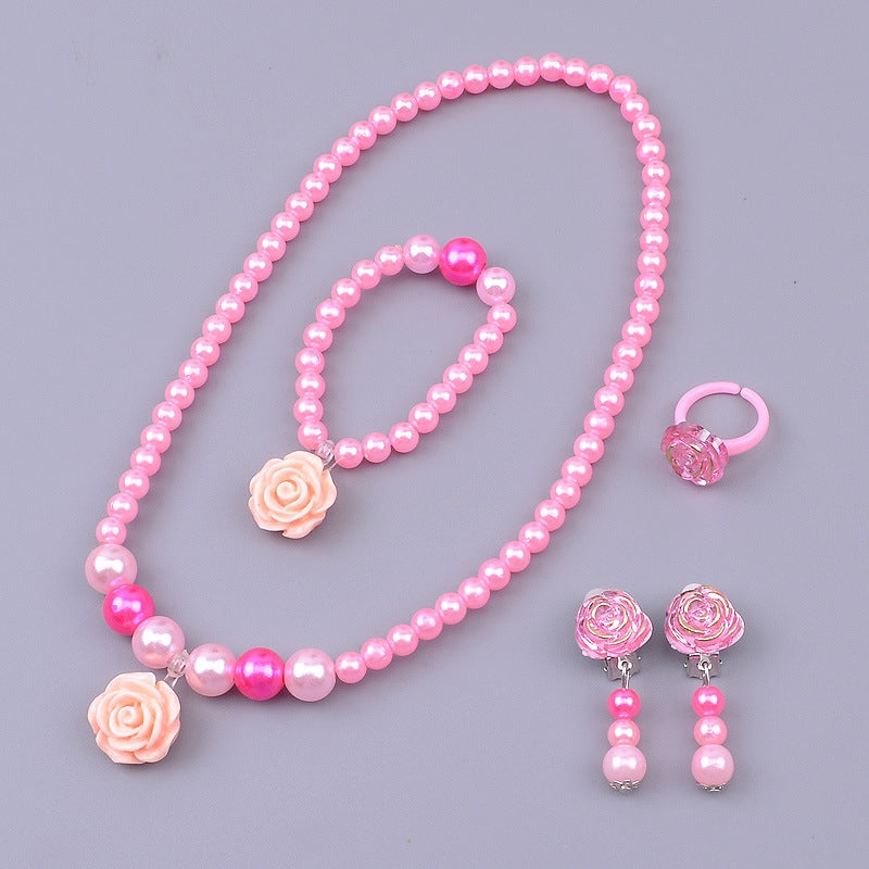 New Children's Necklace Bracelet Ring Earring Ear Clip Set Girl Birthday Toys