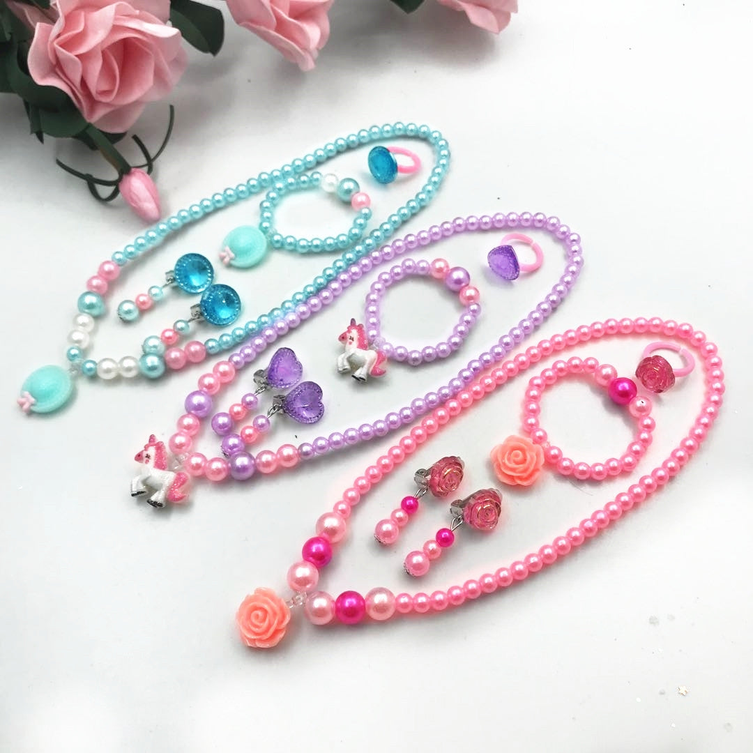 New Children's Necklace Bracelet Ring Earring Ear Clip Set Girl Birthday Toys