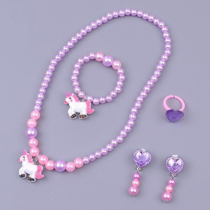 New Children's Necklace Bracelet Ring Earring Ear Clip Set Girl Birthday Toys