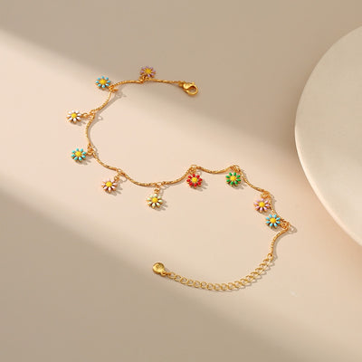 18k Gold-plated Hand-painted Colorful Daisy Anklet with Adjustable Extension Chain