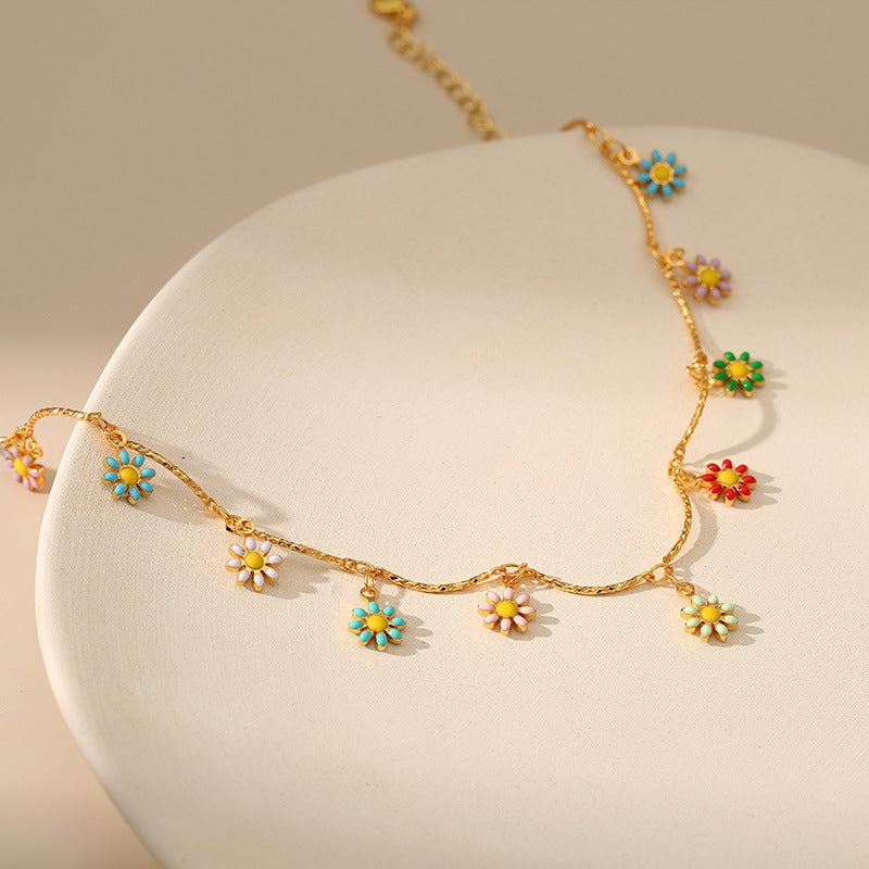 18k Gold-plated Hand-painted Colorful Daisy Anklet with Adjustable Extension Chain