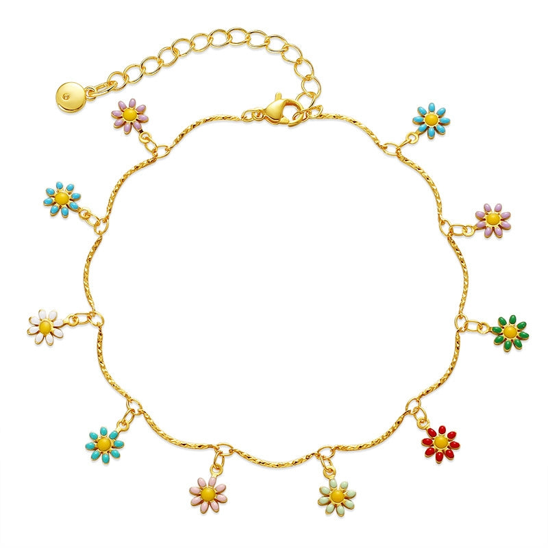 18k Gold-plated Hand-painted Colorful Daisy Anklet with Adjustable Extension Chain