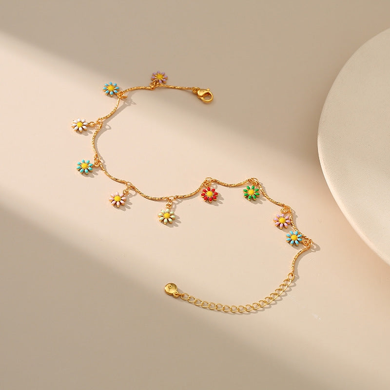 18k Gold-plated Hand-painted Colorful Daisy Anklet with Adjustable Extension Chain