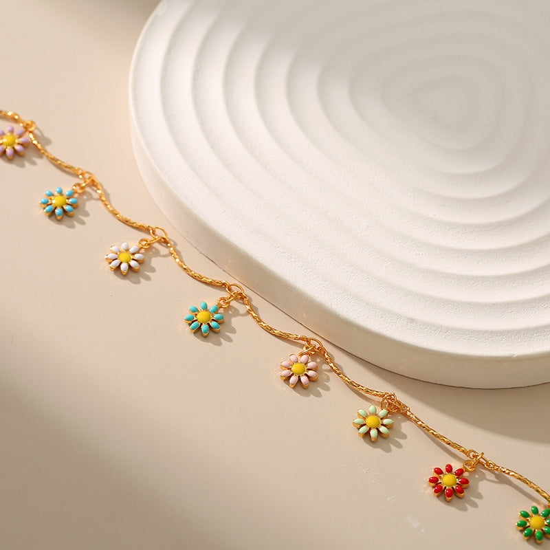 18k Gold-plated Hand-painted Colorful Daisy Anklet with Adjustable Extension Chain