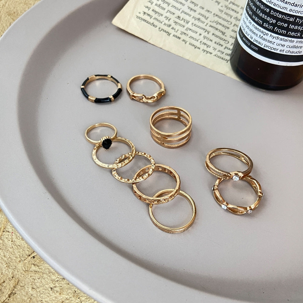 Creative Retro Hollow Zircon Black Joint Ring Set - 10 Pieces