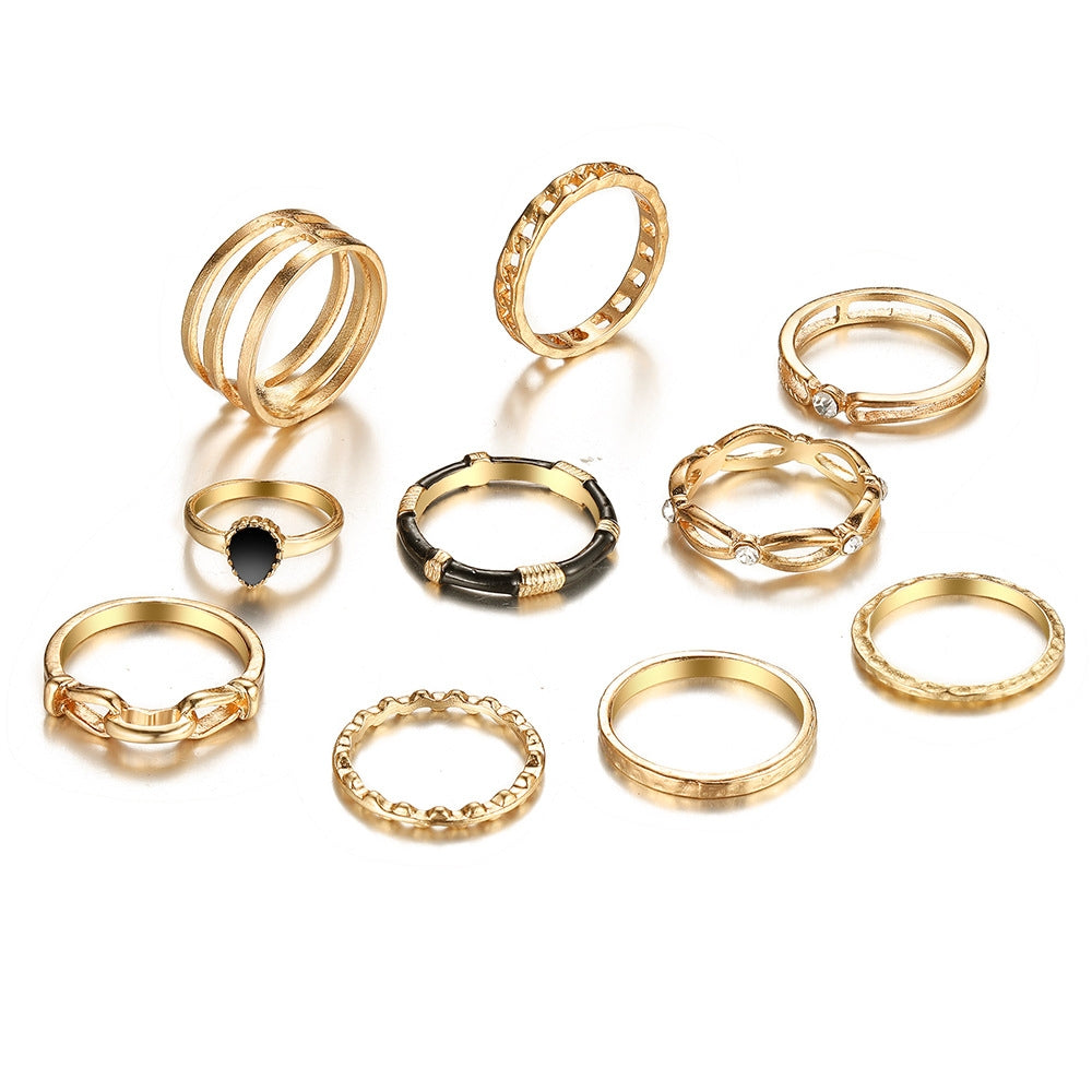 Creative Retro Hollow Zircon Black Joint Ring Set - 10 Pieces