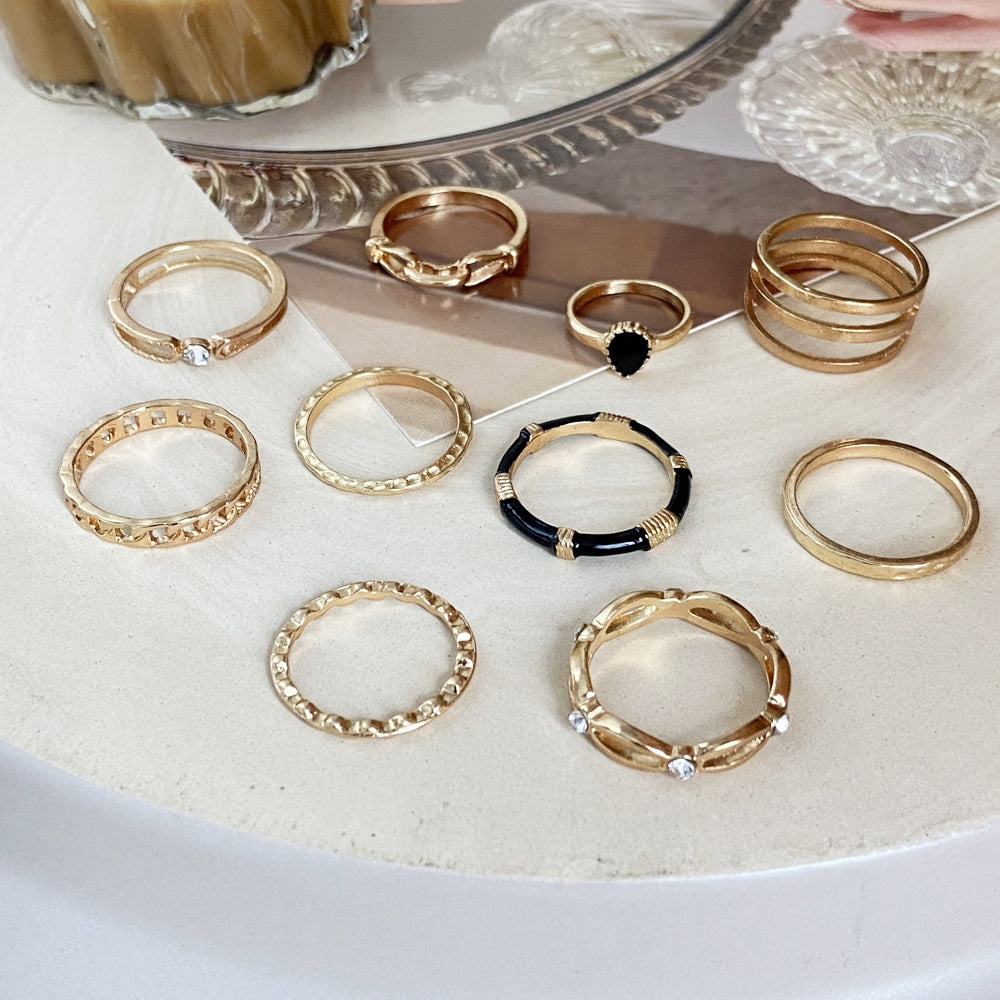 Creative Retro Hollow Zircon Black Joint Ring Set - 10 Pieces