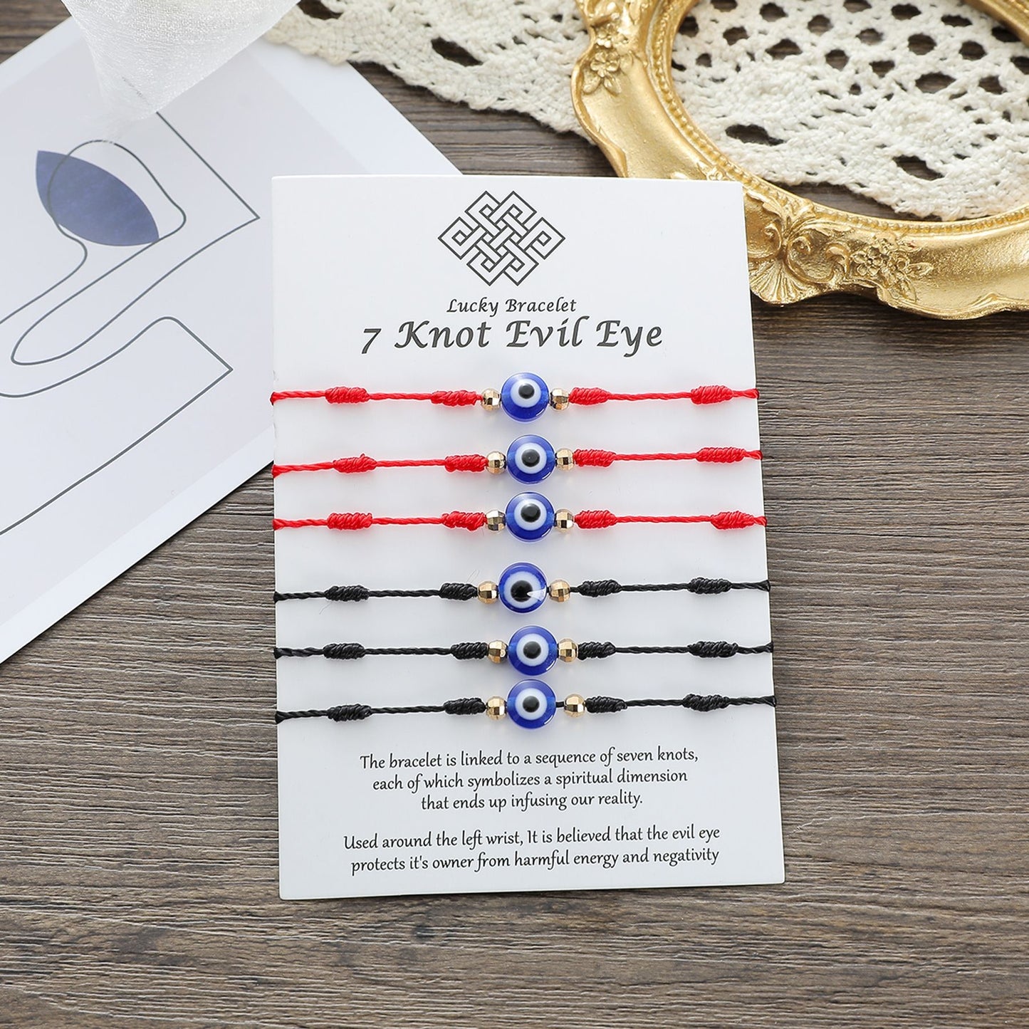 Demon Eye 7 Knot Lucky Red String Bracelet Set - 6 Pieces