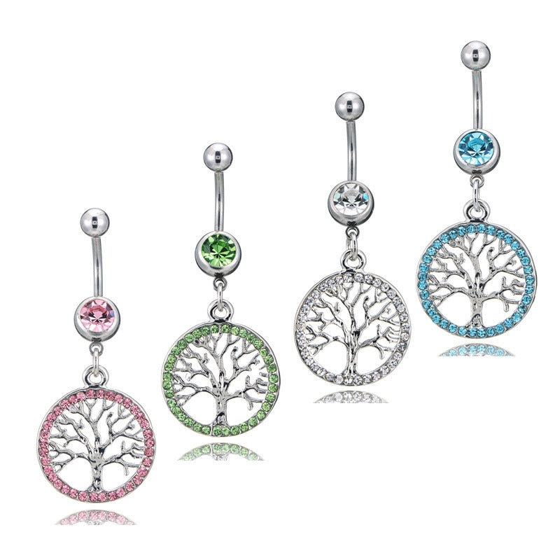 Diamond-Encrusted Lucky Tree Surgical Steel Navel Ring