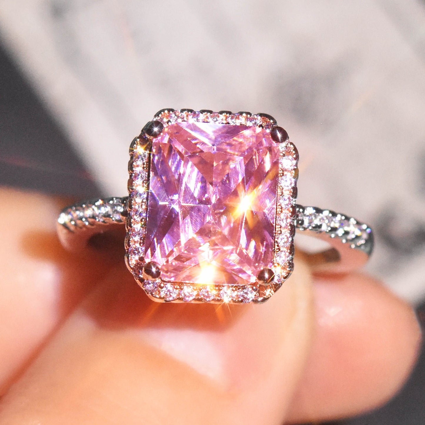 European American Luxury Yellow Diamond Two-tone Copper Ring with Princess Cut Pink Crystal