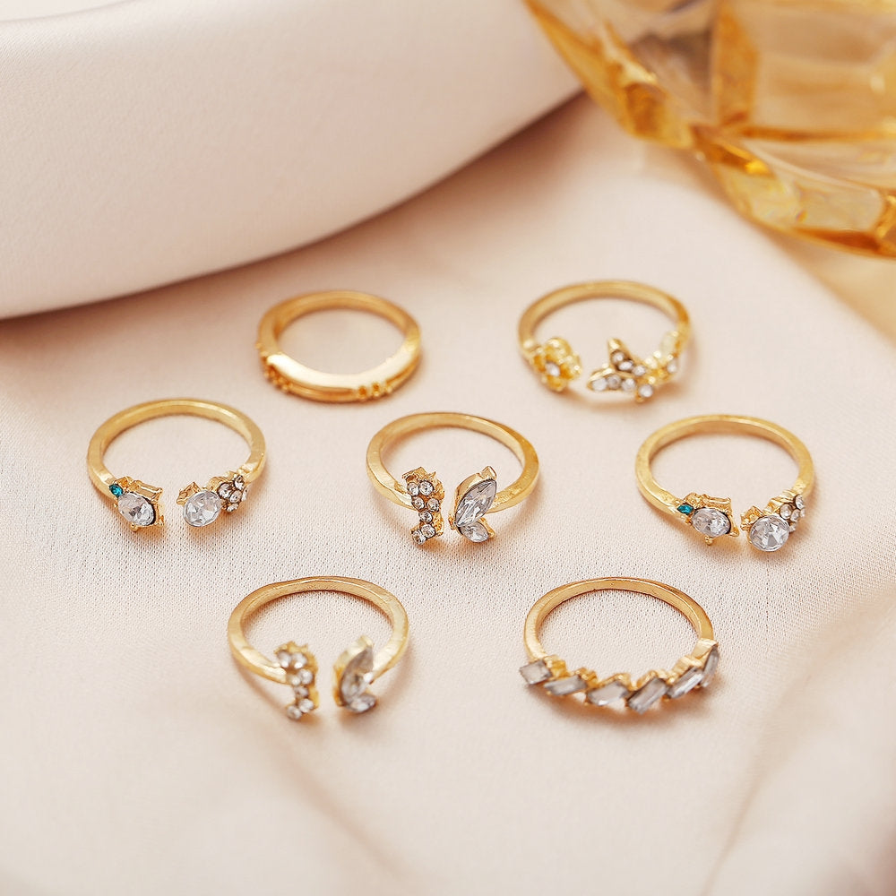 New Fashion Diamond Butterfly Flower 7-Piece Vintage Crystal Ring Set