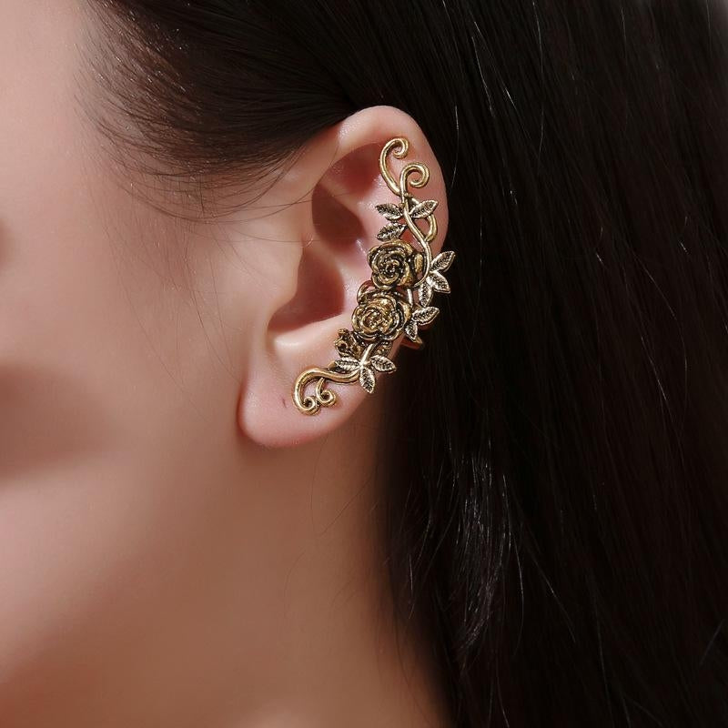 Vintage Rose Carved Metal Ear Cuff Earrings for Women