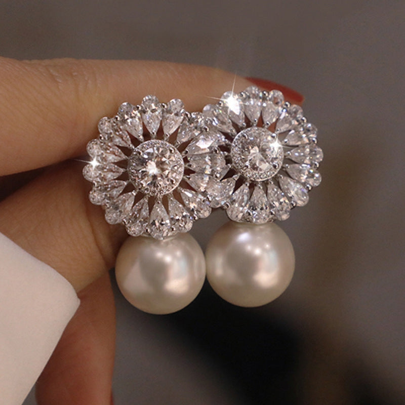 New Baroque Flower Zircon Imitation Pearl Bridal Earrings