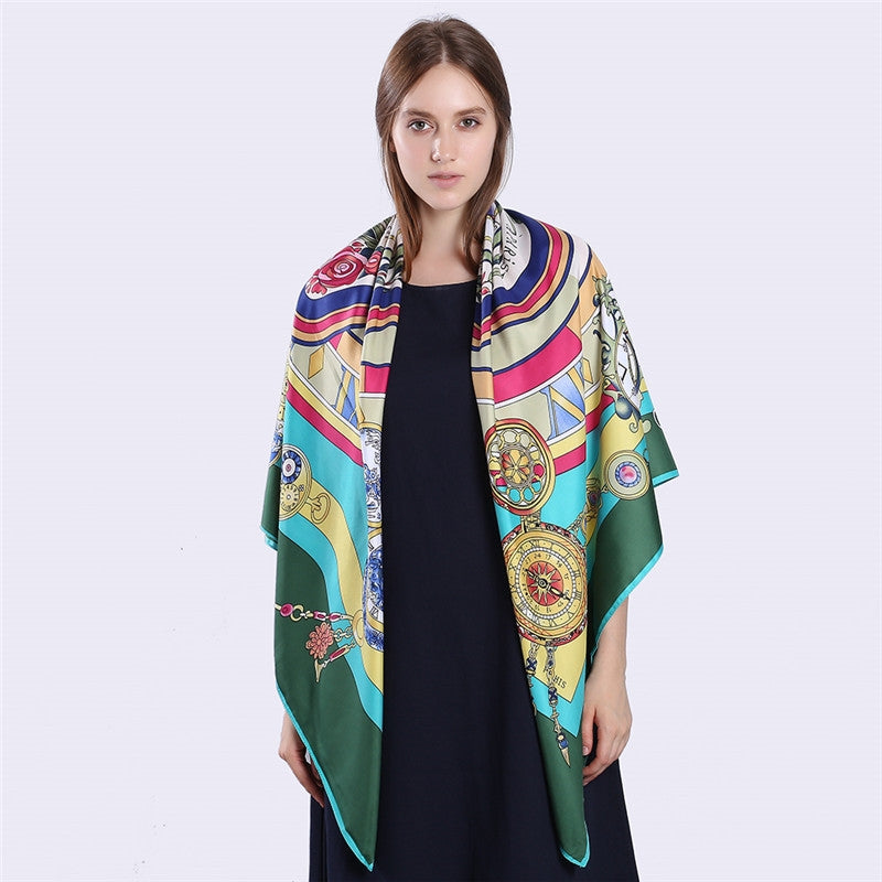 Roman Clock Print Large Silk Square Scarf - 130cm Twill Satin Shawl