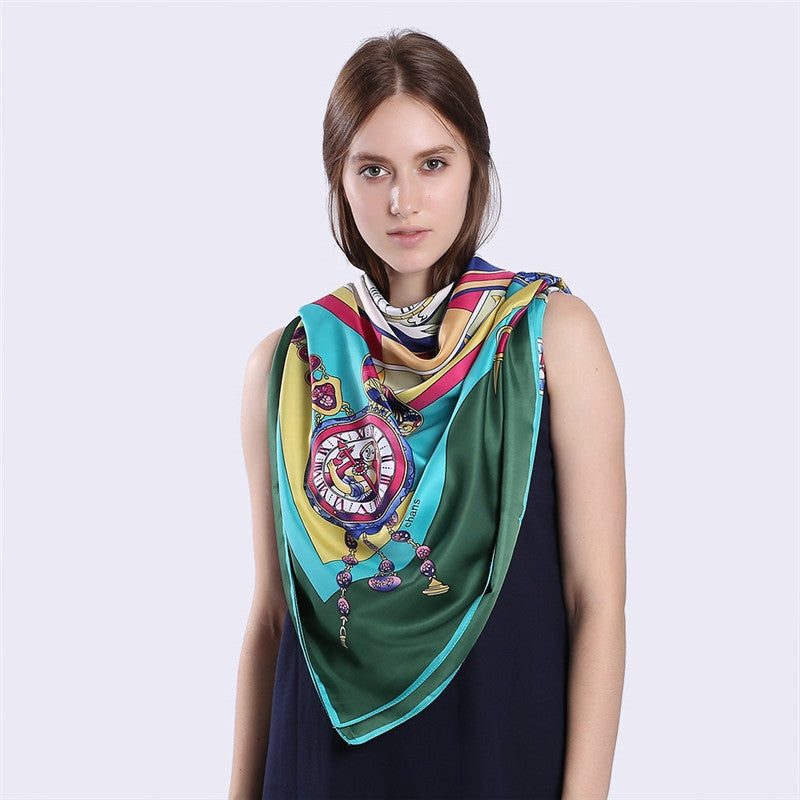 Roman Clock Print Large Silk Square Scarf - 130cm Twill Satin Shawl