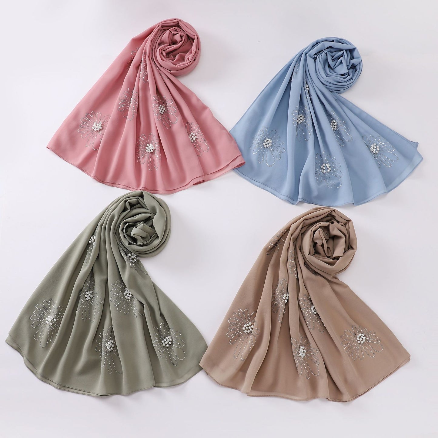 Floral Pearl Chiffon Beaded Hijab Scarf